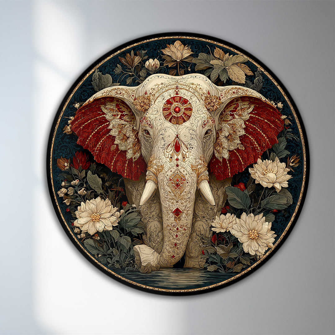 The darkest area frames the ornamented elephant with crimson ears and cream tusks among white blossoms, creating an enthralling oil painting reproduction print.