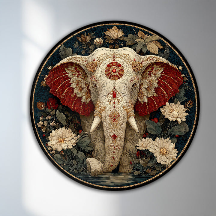 The darkest area frames the ornamented elephant with crimson ears and cream tusks among white blossoms, creating an enthralling oil painting reproduction print.