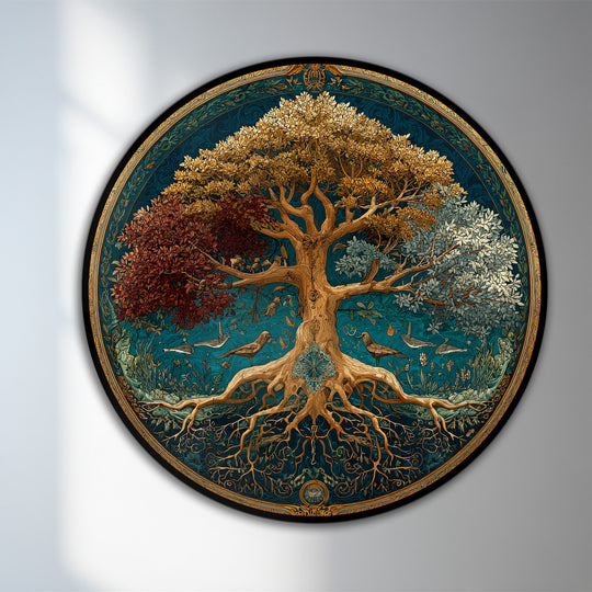 Alternating quadrants of foliage create a strong visual rhythm in this Tree of Seasons, a circular oil painting reproduction print with roots and birds.