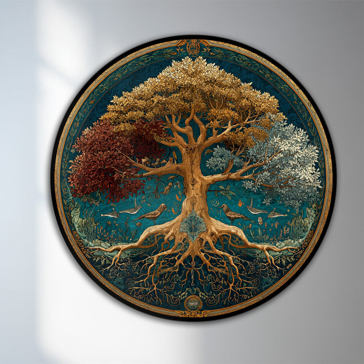 Alternating quadrants of foliage create a strong visual rhythm in this Tree of Seasons, a circular oil painting reproduction print with roots and birds.
