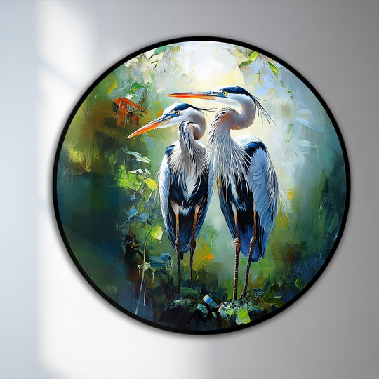 Reflecting the brushstroke texture of the finish, this oil painting wall art features a round composition of two elegant herons amidst lush, vibrant greenery.