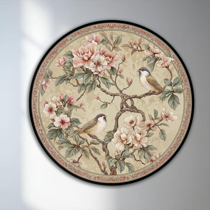 Creating depth and layers, this round oil painting art piece showcases songbirds nestled among blossoming branches, forming an elegant floral composition.