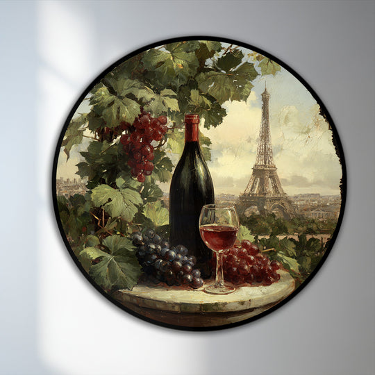 Exploring depth and layers, this round Paris Vineyard Still Life oil painting reproduction print uses shadow and light to enhance the wine and Eiffel Tower scene.