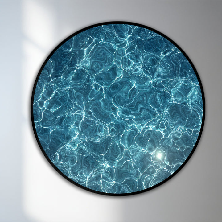 Round and portrait-oriented, this oil painting art piece shows a luminous azure current with a water texture in an abstract and elegant form.