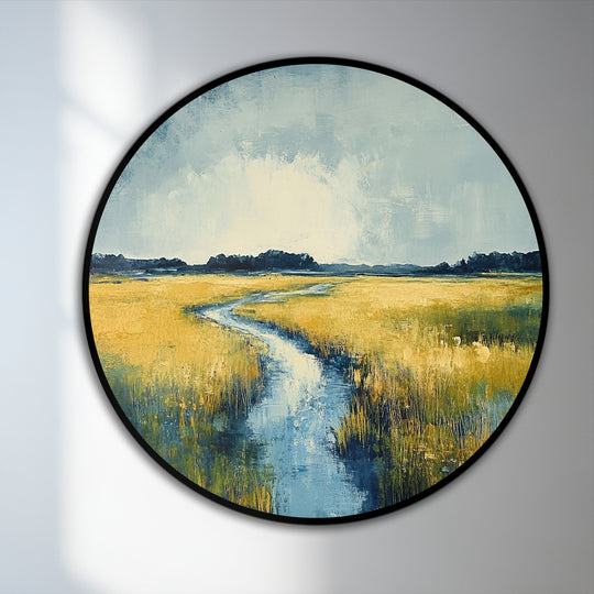 Visual rhythm in this round oil painting home decor uses the winding river to create a serene yet dynamic meadow landscape art piece.