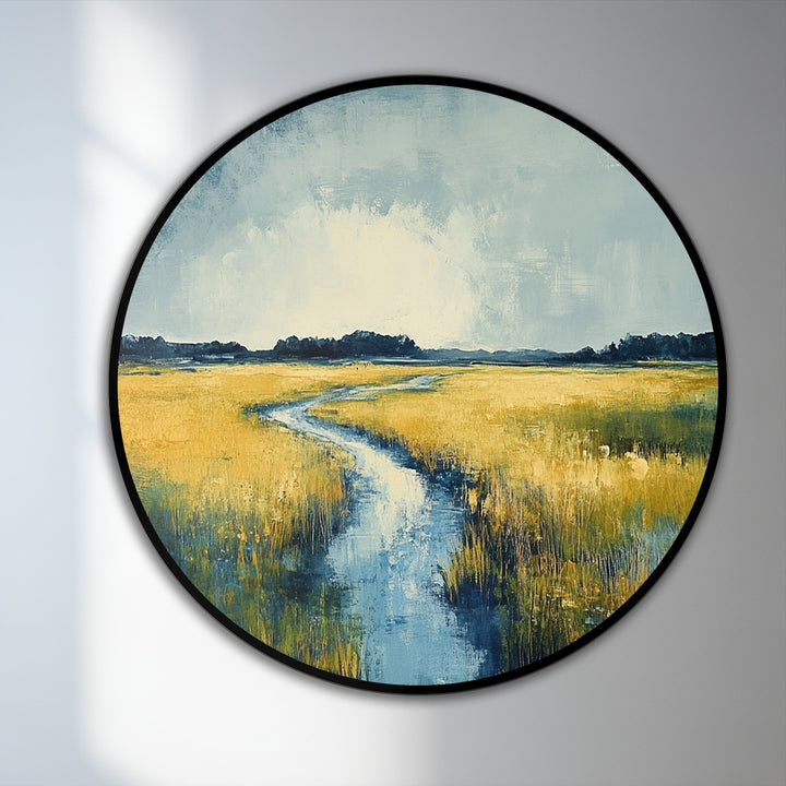 Visual rhythm in this round oil painting home decor uses the winding river to create a serene yet dynamic meadow landscape art piece.