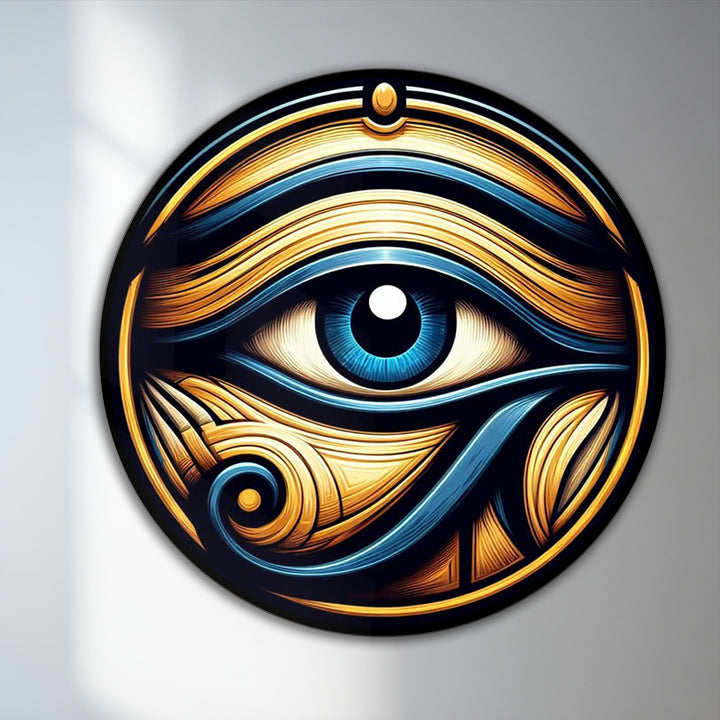 Foreground details showcase the stunning brushwork and rich texture of this round oil painting decoration, illustrating the iconic Eye of Horus.