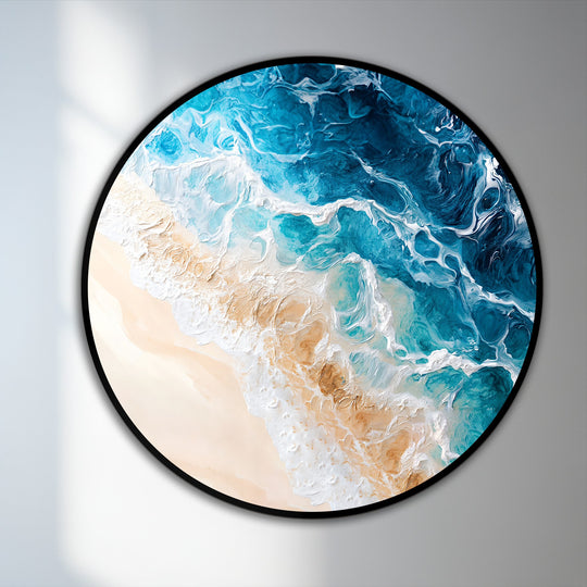 Circular coastal oil painting decoration features a dynamic composition of ocean waves and sandy beach, emphasizing the round geometric element within the frame.