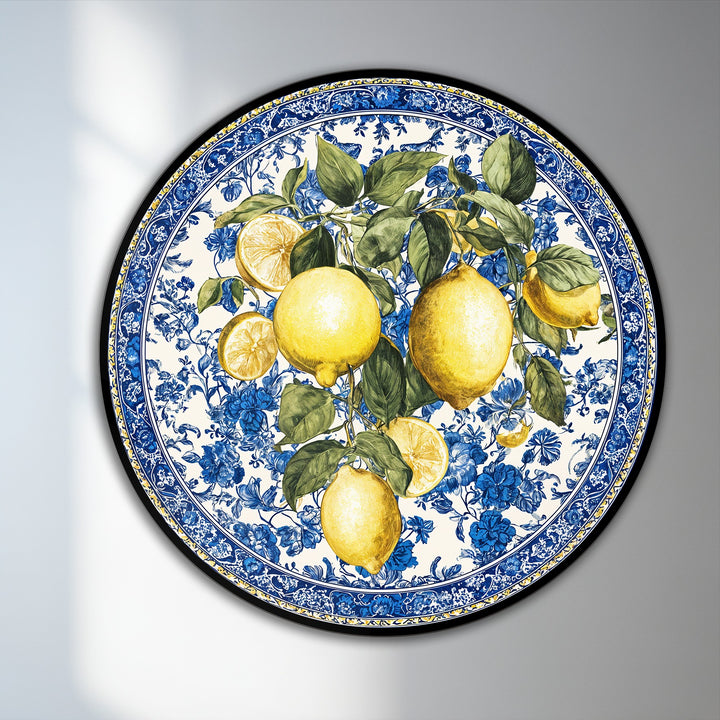 Featuring a glossy finish, this Mediterranean Freshness lemon and blue floral round oil painting art piece offers an eye-catching, classical style.