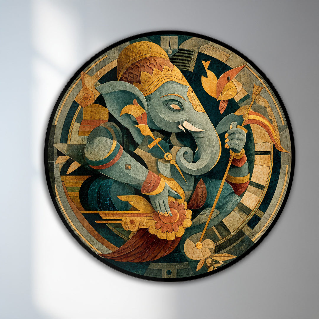 The focal point is Ganesha, adorned with gold accents and intricate details, making this round wooden oil painting a striking piece of oil painting home decor.