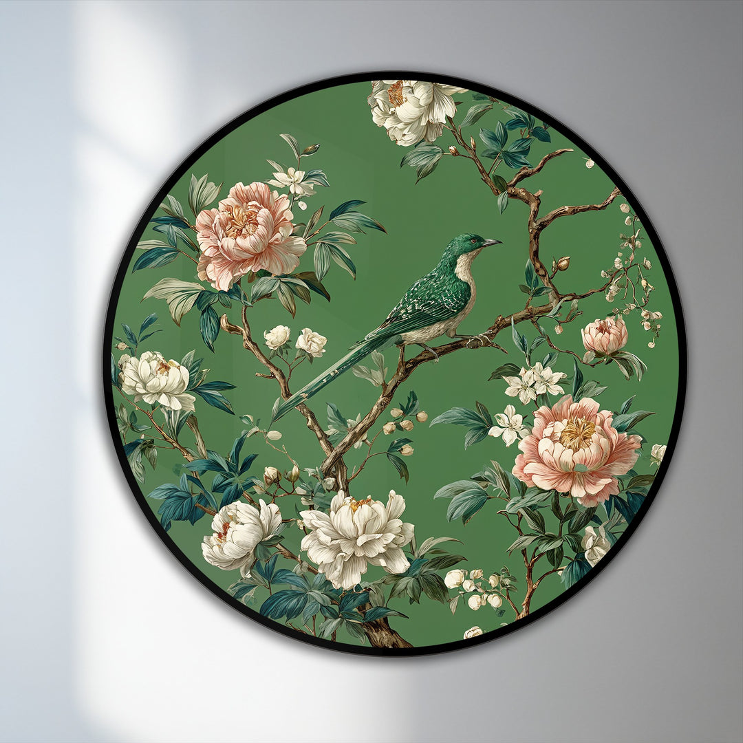 Illuminated by the brightest area, this round oil painting reproduction print displays an emerald songbird surrounded by blossoming peonies against a verdant backdrop.
