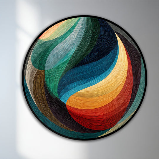 Vertical orientation reveals a round, chromatic flow modern abstract oil painting home decor featuring a swirling design with vibrant green, blue, and red tones.