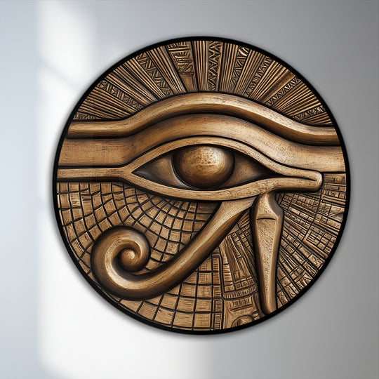 Smooth sphere centers this oil painting art prints piece, a round ancient Egyptian eye carved into wood with symbolic detailing.