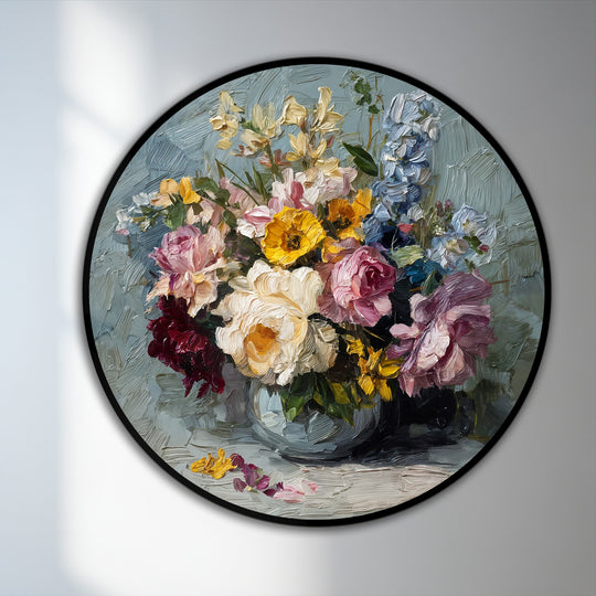 Displaying the realistic detail, this radiant garden bouquet oil painting home decor shows expressive brushstrokes that give depth and life to each colorful bloom.