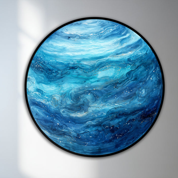 Vertically oriented round oil painting decoration features an abstract ocean drift in shades of blue reminiscent of celestial waters.