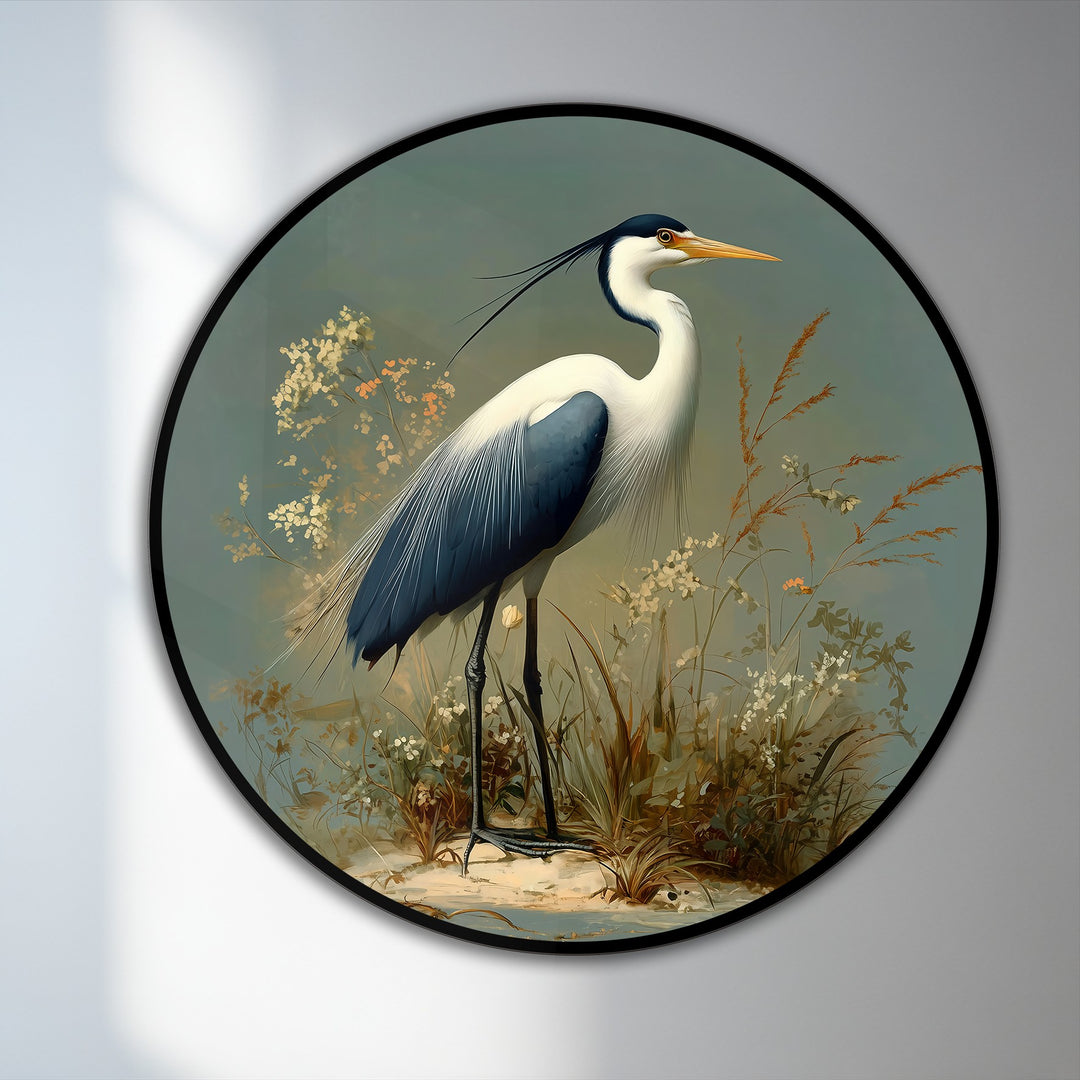 Textured brushstrokes define the exquisite finish of this majestic heron round oil painting artwork, creating a stunning piece of nature wall art.