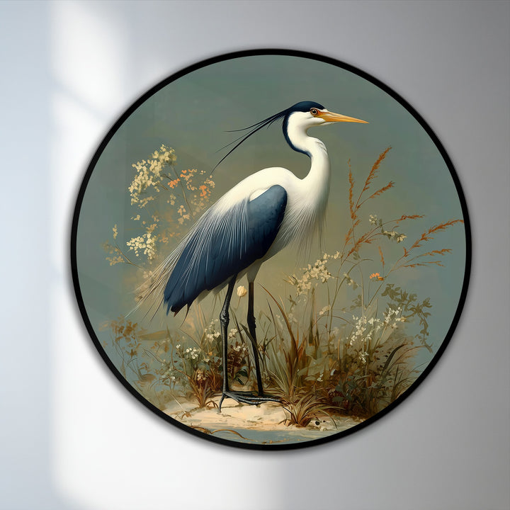 Textured brushstrokes define the exquisite finish of this majestic heron round oil painting artwork, creating a stunning piece of nature wall art.