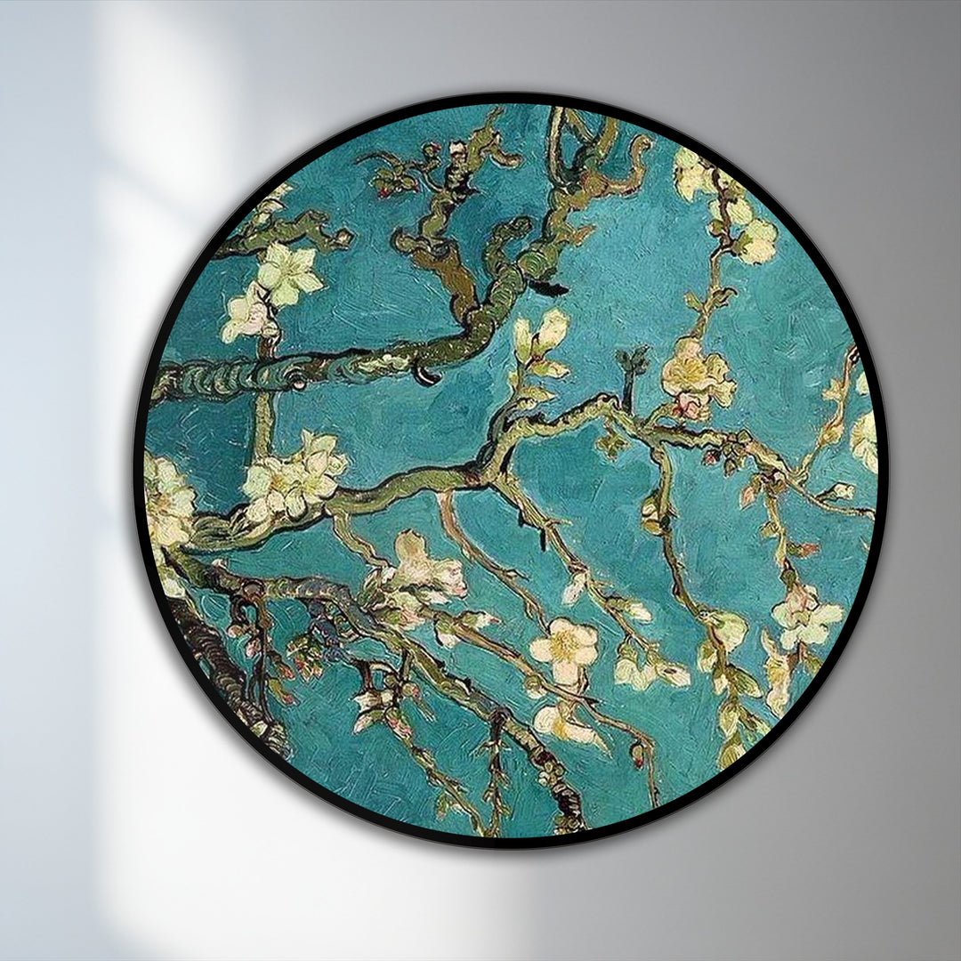 Negative space surrounds the blossoming branches in this round, modern oil painting art, highlighting the vibrant turquoise sky.