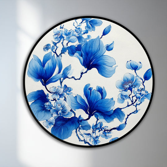 Illuminated by the brightest area, this round oil painting art prints showcases elegant blue magnolia blossoms in a modern botanical design.