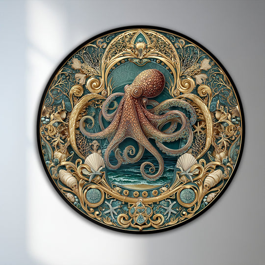 Round, baroque coastal oil painting reproduction print showcases an ornate ocean octopus with intricate gold detailing and teal tones in a circular design.