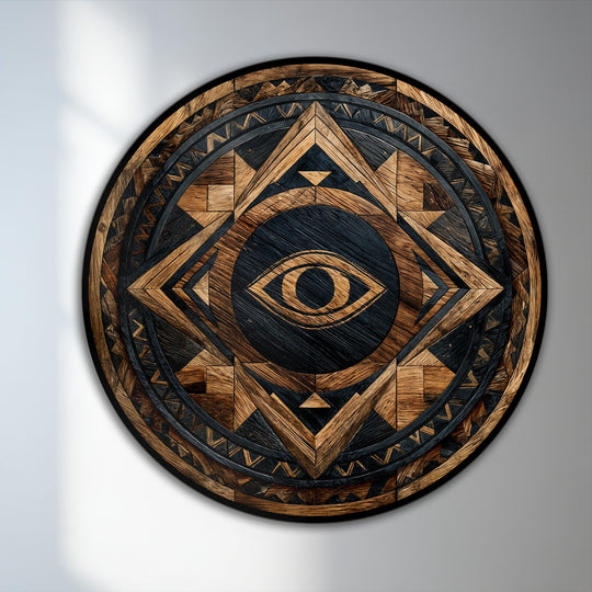 Centered eye in this rustic geometric round oil painting showcases intricate patterns, creating captivating oil painting art prints that blend tribal elements with modern style.