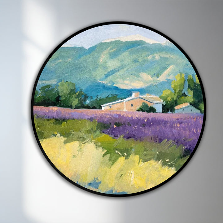The stillness of this lavender horizon retreat round oil painting art prints captures the serene landscape of Provence with mountains and a countryside home.
