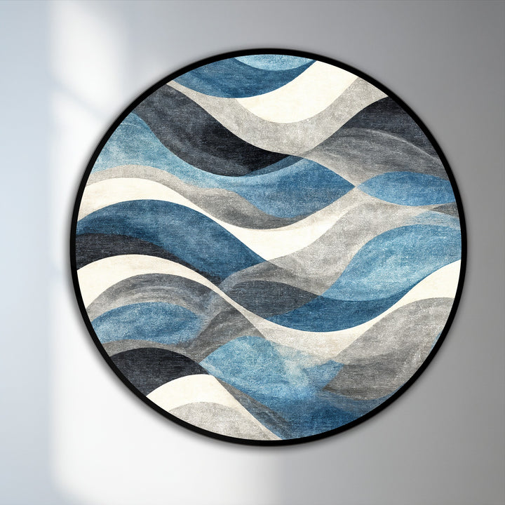Featuring subtle shadows, the background enhances the blue wave abstract round, emphasizing the textured surface of this modern oil painting art.