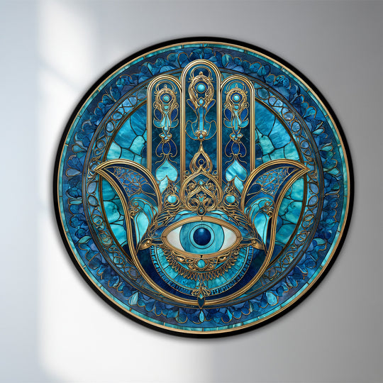 The almost-black outline defines this protective eye round oil painting on wood, a spiritual symbol and distinctive piece of oil painting wall art.