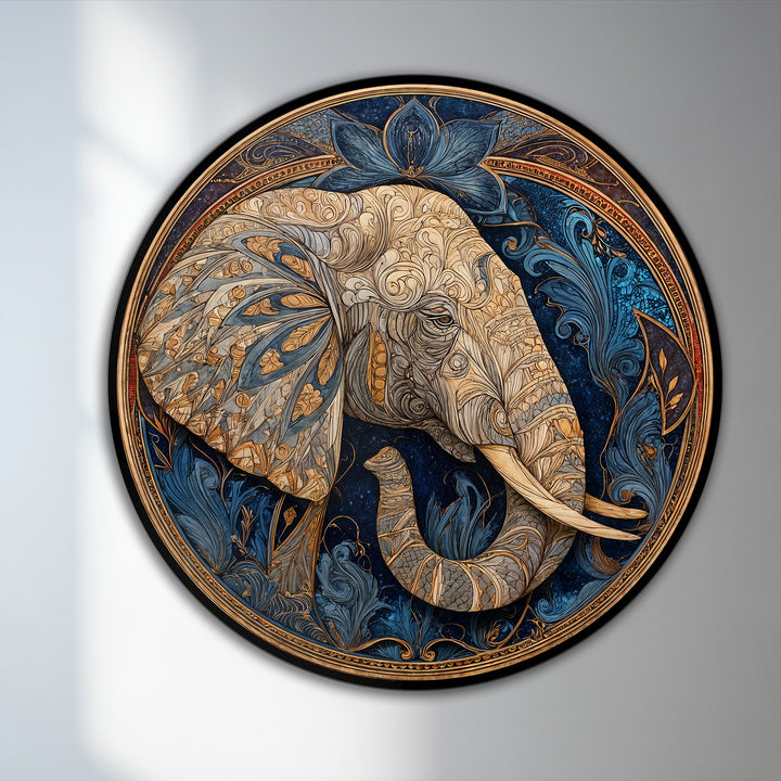 Enveloping the perimeter, the darkest area in this round ornate elephant oil painting reproduction print contrasts with the gold detailing and floral lotus background.