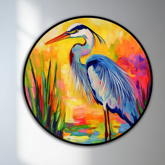 Abstract brushstrokes of yellow, orange, and red create a vibrant background for this colorful heron round oil painting home decor.