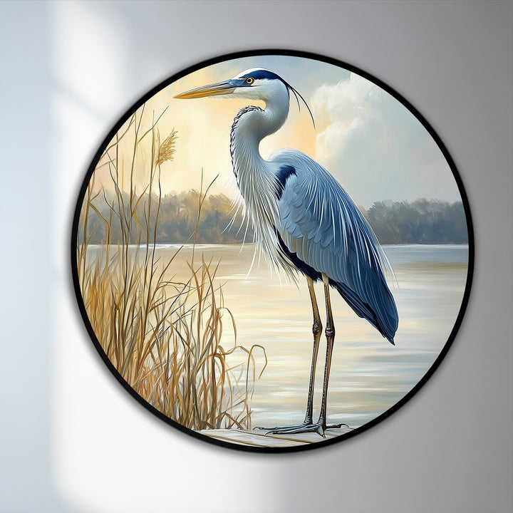 Calm and serene, this round animal oil painting decoration depicts a majestic heron in still waters, capturing a tranquil sunrise mood.