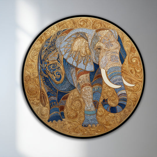 The realistic detail in this golden sovereign round oil painting captures the ornate elephant medallion with its luxurious blue mosaic accents, reflecting modern oil painting art.