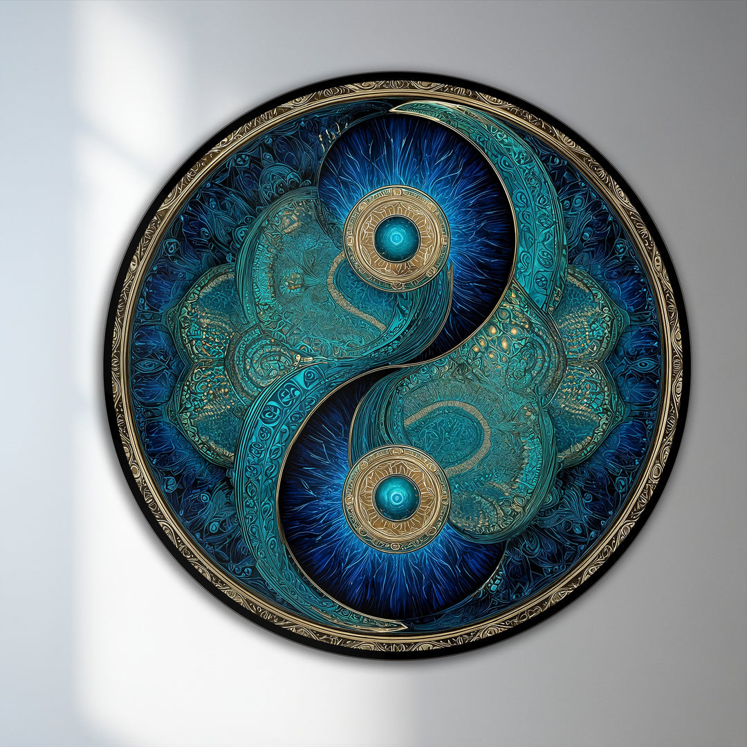 The stillness within this turquoise yin yang round oil painting whispers of ancient wisdom, a captivating oil painting reproduction print embodying perfect harmony.