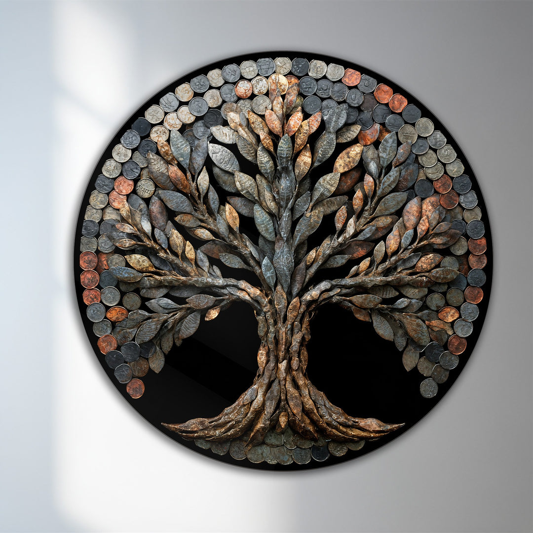 Softly shaded leaves create a textural contrast in this rustic coin tree round wooden oil painting, offering a unique piece of oil painting home decor.