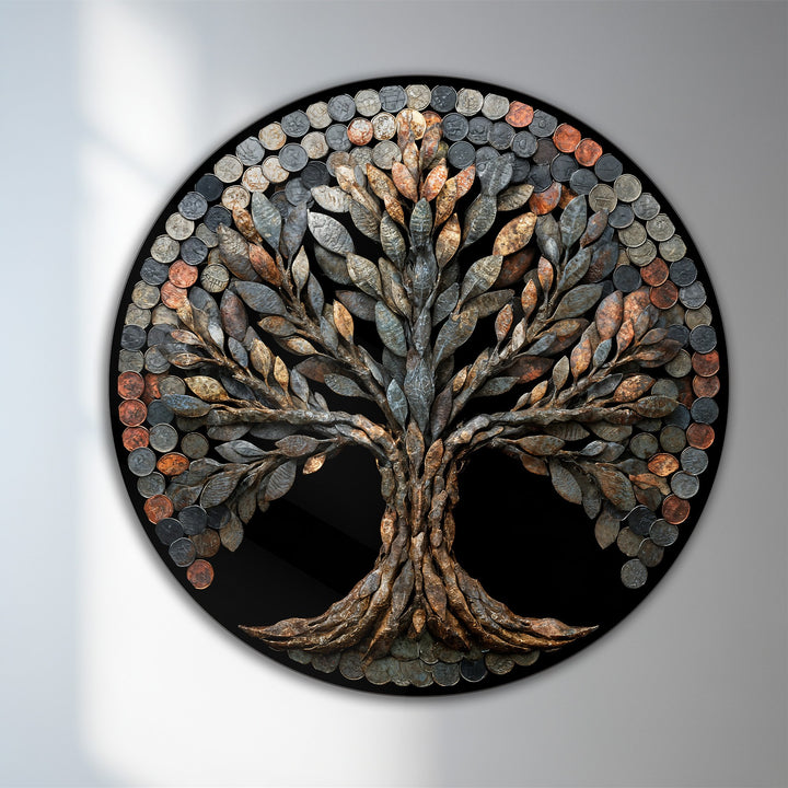Softly shaded leaves create a textural contrast in this rustic coin tree round wooden oil painting, offering a unique piece of oil painting home decor.
