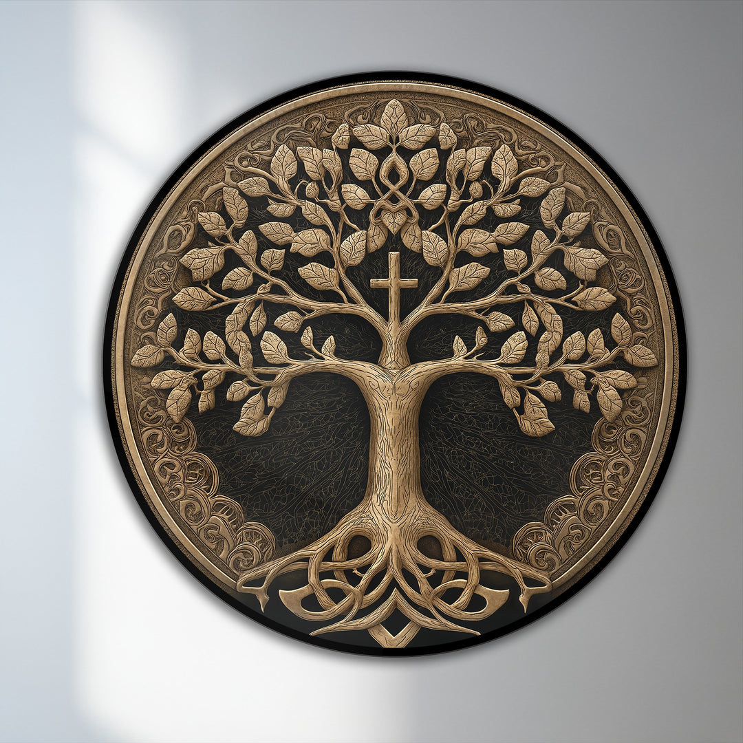 Ornate, gilded details of this tree of life form the loudest element in this spiritual oil painting wall art depicting the sacred tree with cross.