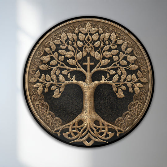 Ornate, gilded details of this tree of life form the loudest element in this spiritual oil painting wall art depicting the sacred tree with cross.