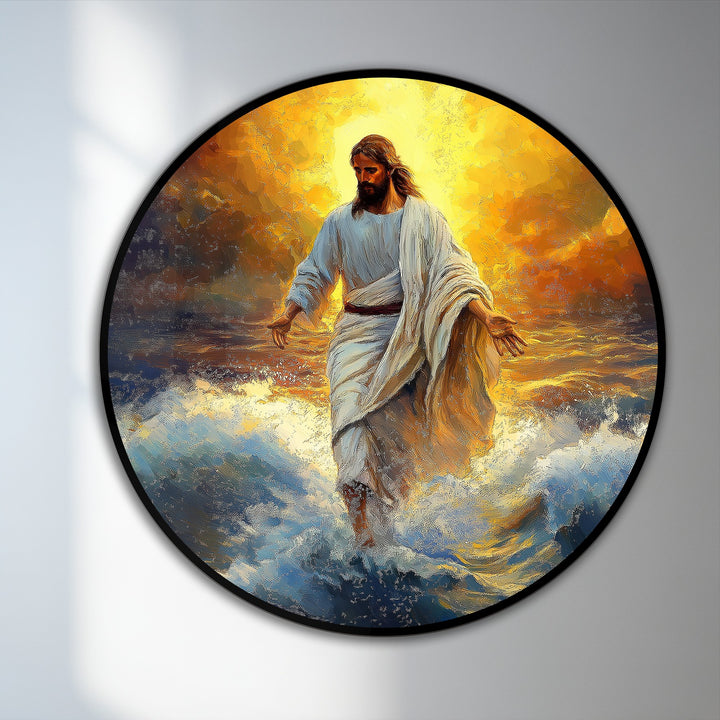 Flowing lines define the majestic faith oil painting with its blend of golden sky and turbulent waves, a striking oil painting reproduction print.