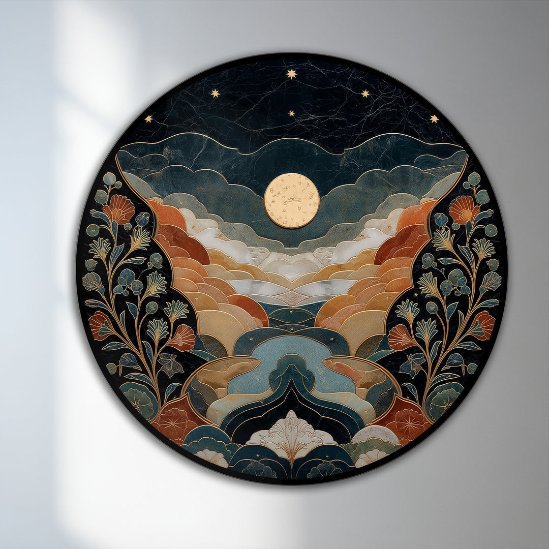 Highlighting the abstract quality, the celestial valley moonlit landscape oil painting art piece offers a mesmerizing round composition of layered hills and floral elements.