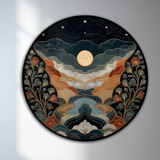 Highlighting the abstract quality, the celestial valley moonlit landscape oil painting art piece offers a mesmerizing round composition of layered hills and floral elements.