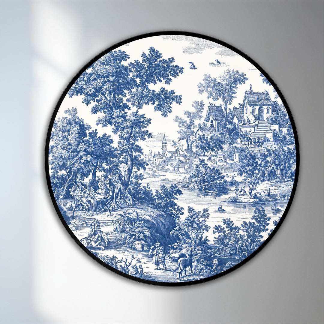Highlighting the focal point, this round oil painting wall art depicts a classic blue toile countryside scene with intricate details, making it a stunning addition to any home decoration.