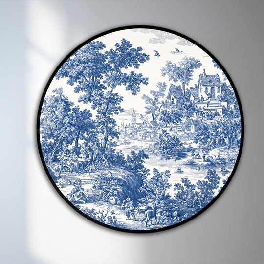 Highlighting the focal point, this round oil painting wall art depicts a classic blue toile countryside scene with intricate details, making it a stunning addition to any home decoration.