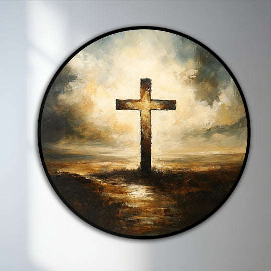 Illuminated by the brightest area, this round oil painting wall art depicts a radiant cross amidst a dramatic skyscape, casting a divine glow.