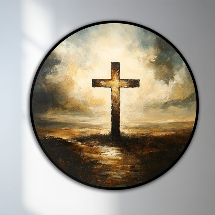 Illuminated by the brightest area, this round oil painting wall art depicts a radiant cross amidst a dramatic skyscape, casting a divine glow.
