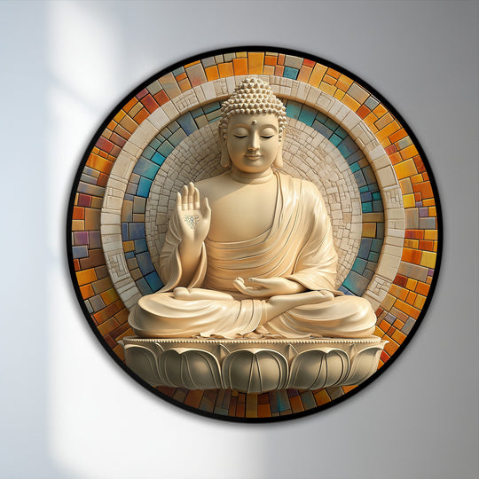 Layering colors and textures create a serene mosaic halo effect in this round Radiant Blessing Buddha oil painting art prints, adding depth and dimension.
