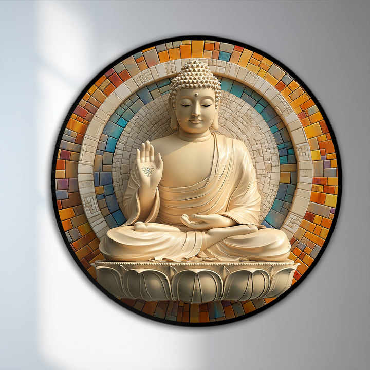 Layering colors and textures create a serene mosaic halo effect in this round Radiant Blessing Buddha oil painting art prints, adding depth and dimension.
