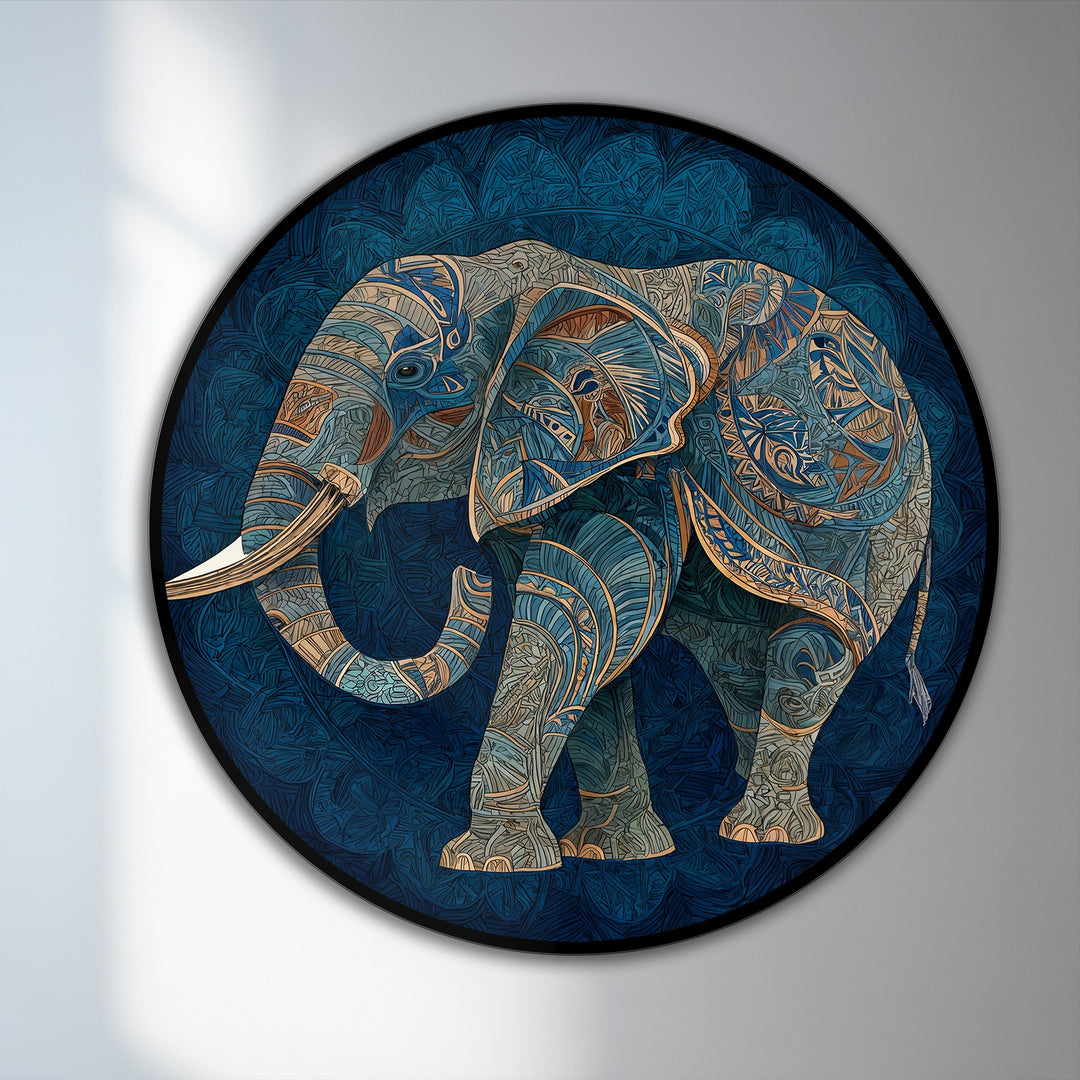 Intricate surface texture defines the decorative elephant silhouette in this round azure spirit oil painting art piece, exhibiting patterns with gold accents.