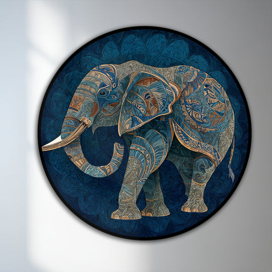 Intricate surface texture defines the decorative elephant silhouette in this round azure spirit oil painting art piece, exhibiting patterns with gold accents.