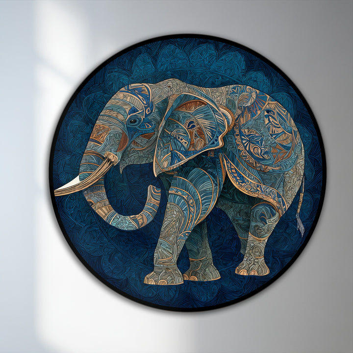 Intricate surface texture defines the decorative elephant silhouette in this round azure spirit oil painting art piece, exhibiting patterns with gold accents.