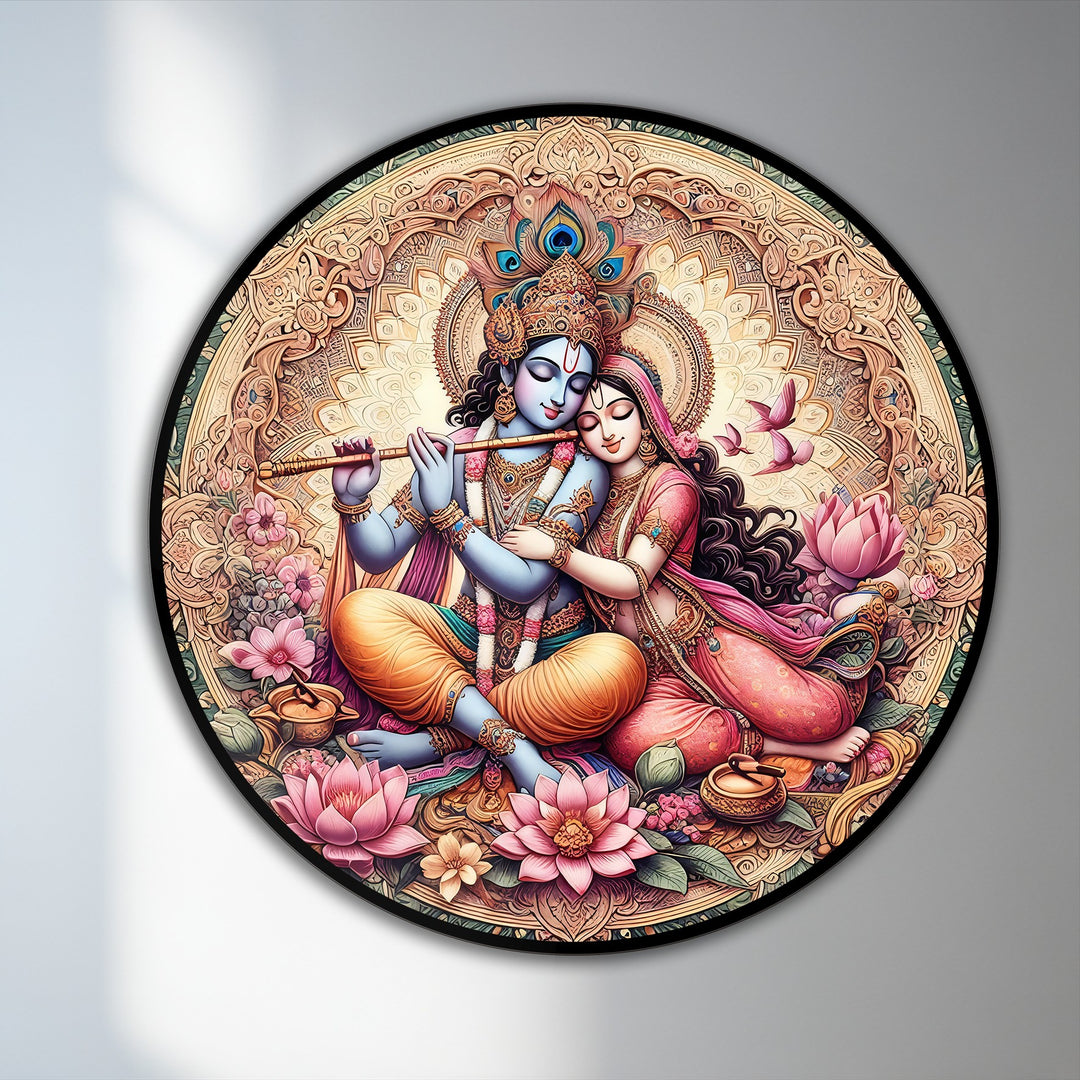Glossy finish highlights the intricate details of this 'Eternal Devotion' round oil painting wall art, showcasing Radha and Krishna amidst a golden mandala.